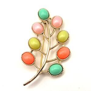 Vtg Sarah Coventry Leaf Shaped Candy Land Brooch Pin Pastel Cabochon Stones